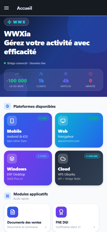 Capture réelle de l'accueil WWXIA Mobile avec le statut Bridge et les modules