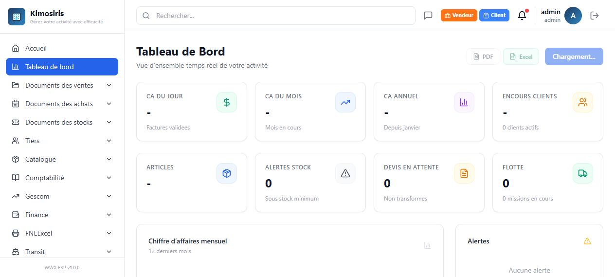 Capture réelle du tableau de bord de l'interface web WWX ERP