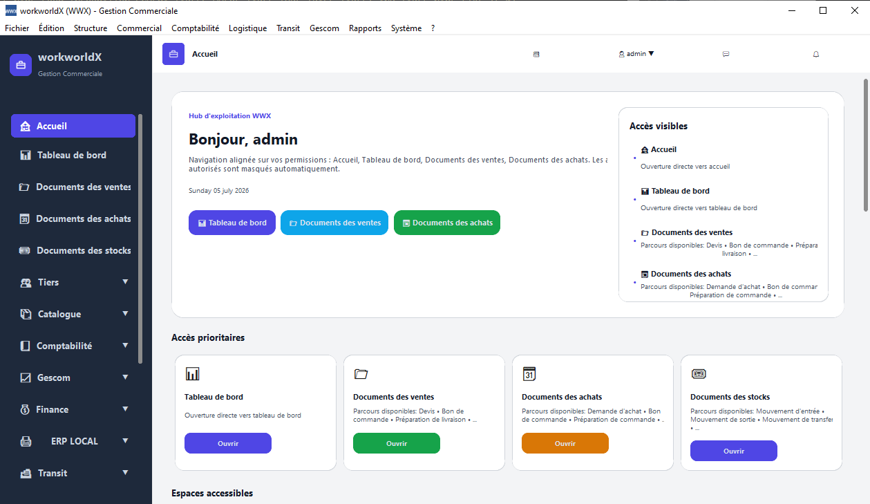 Capture réelle de l'accueil de l'application Windows WWXIA, avec ses accès aux modules